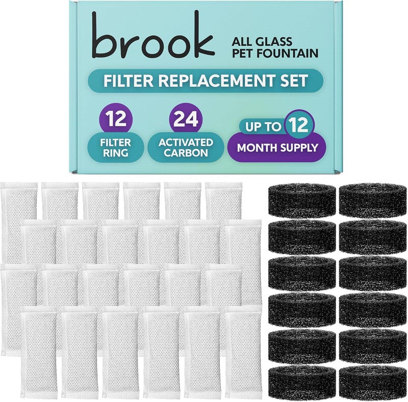 Brook Glass Pet Fountain Filter Replacement Set – 12 Filter Rings & 24 Activated Carbon Pouches – Up to 12 Month Supply Replacement Filters Set for Cat Fountain - Image 1